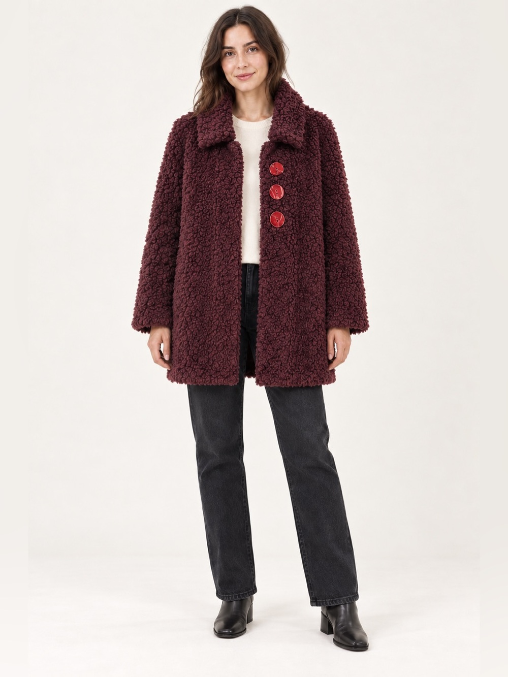 Habitat Clothes to Live In Teddy Coat Women’s M/L Burgundy Button Front